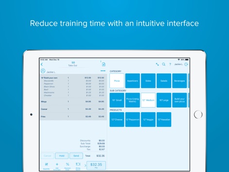 Revel POS - Esta interfaz intuitiva reduce el tiempo de capacitación, presentando categorías de productos bien definidas y una vista detallada del pedido actual.