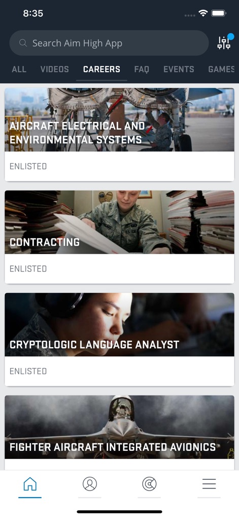 Aim High Air Force - The app showcases a comprehensive list of Air Force careers, from 'Aircraft Electrical and Environmental Systems' to 'Cryptologic Language Analyst', aiding career exploration.