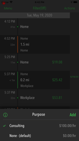 GPSPlus: Work, Miletracker log screenshot
