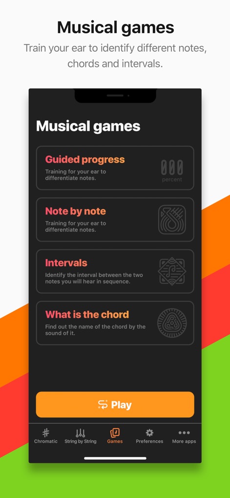 Cifra Club Tuner - Esta imagem revela a seção de "Musical games", oferecendo opções como "Guided progress" e "Note by note" para aprimorar as habilidades auditivas do músico.