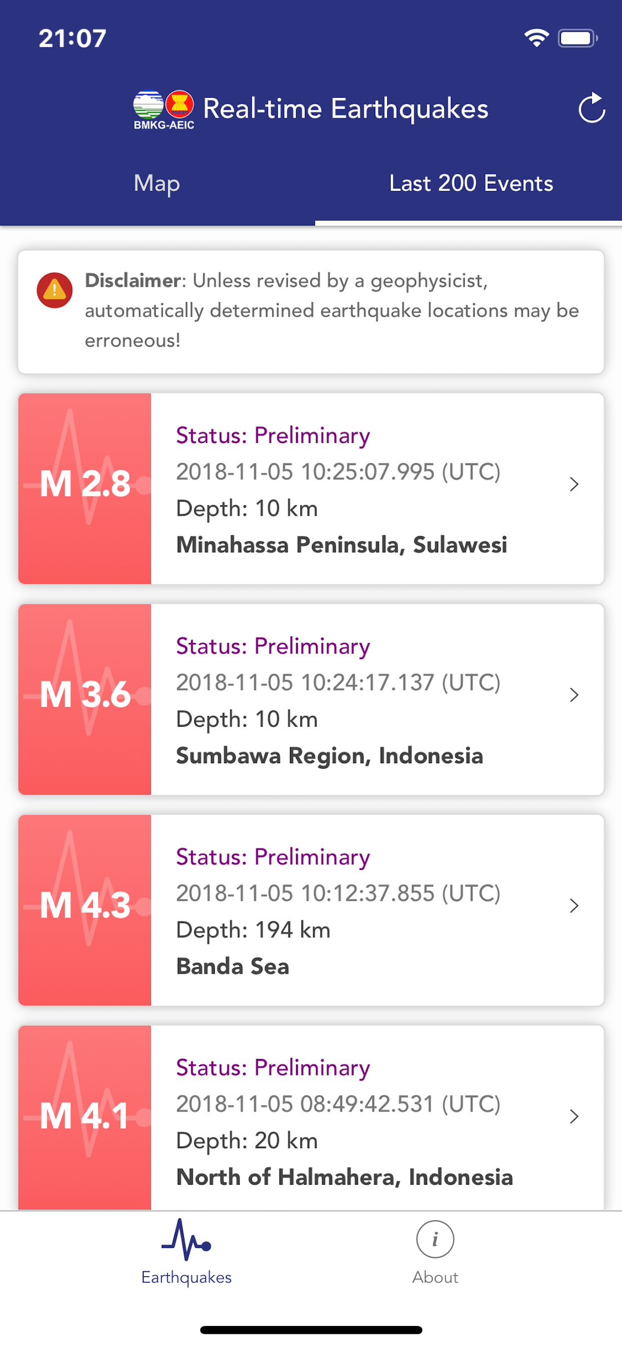 WRS-AEIC Real-time Earthquakes