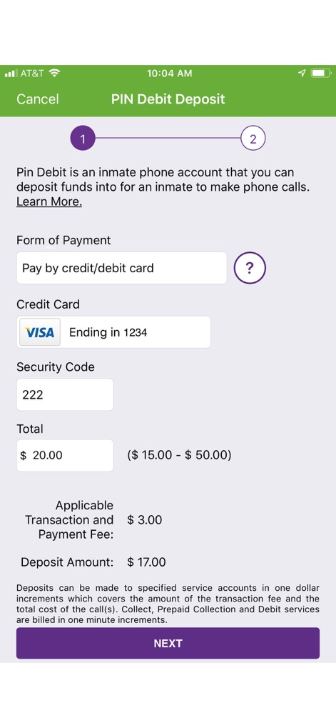 ConnectNetwork by GTL - This dedicated interface for PIN Debit deposits ensures transparency, showcasing the payment form with credit card details and clearly itemizing applicable transaction fees before confirming the deposit.
