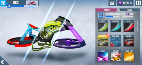 Gravity Rider Zero - Explore the extensive customization hub, allowing users to personalize hover-bikes with unique paint jobs like the striking 'Radiation' skin.