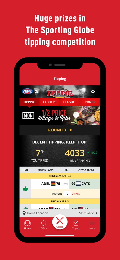 Sporting Globe - Esta sección permite a los usuarios participar en el Footy Tipping de AFL, donde pueden revisar su 'RD3 RANKING' y ver el detalle de los partidos, como 'ADEL 75 vs CATS 99'.