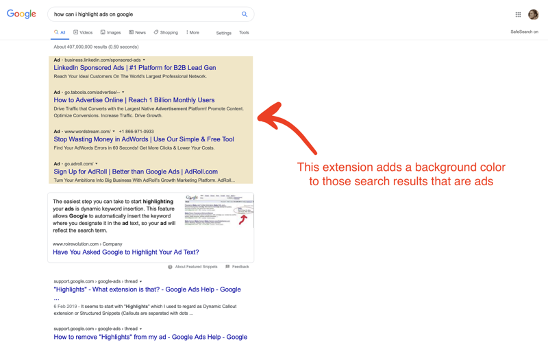 Highlight Ads on Google.com screenshot 2
