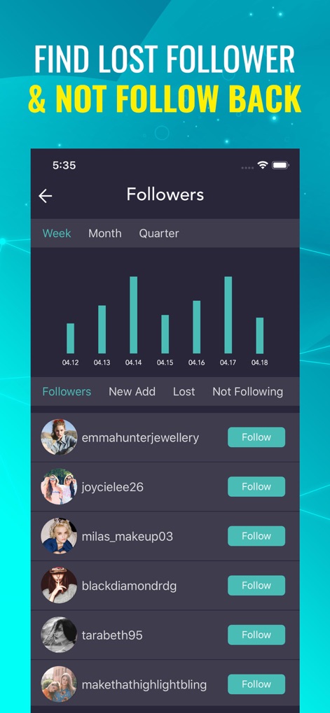 Followers Track & Likes Insigt - The app helps users understand follower dynamics with a clear bar chart illustrating follower changes and a detailed list of accounts not following back.
