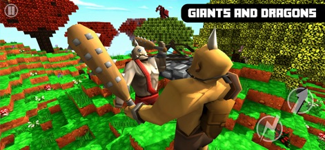 Castle Crafter Survival Craft - Marvel at the colossal combat against giants and other mythical creatures, set within a lush, block-based outdoor landscape teeming with varied flora.