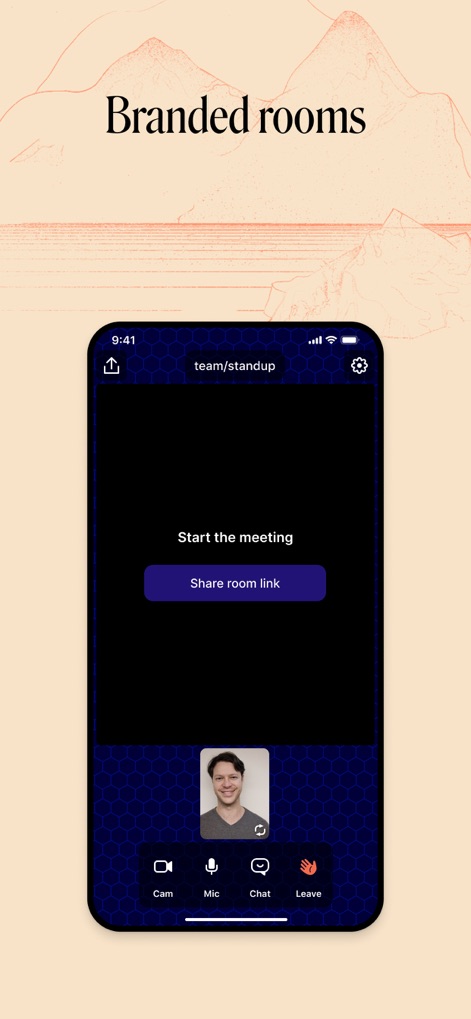 Whereby - Video Meetings - Nutzer können individuelle Konferenzräume mit Branding-Optionen einrichten, was sich durch den prominenten 'Meeting starten'-Button und das einzigartige Hintergrundmuster im Raum manifestiert.