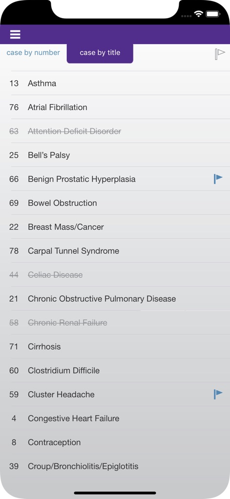 Family Medicine Study Guide - 사용자는 'case by number' 또는 'case by title' 탭을 사용하여 다양한 의학 증례 목록을 탐색할 수 있으며, 중요 사항을 표시하는 플래그 아이콘을 활용할 수 있습니다.