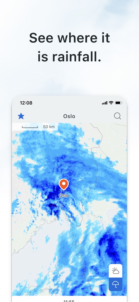 Yr.no - The app empowers users to visualize precipitation in real-time on an interactive radar map, pinpointing current rain areas and their geographical spread.