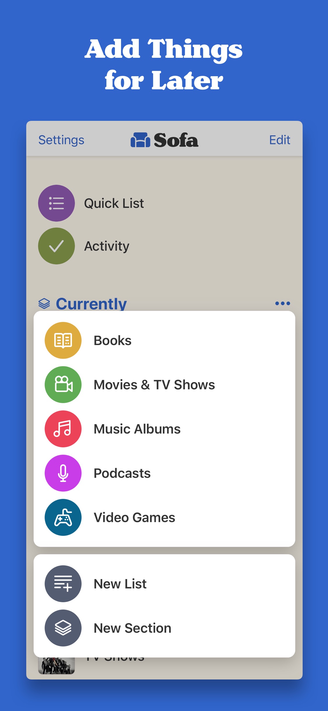Screenshot do app Sofa: Downtime Organizer