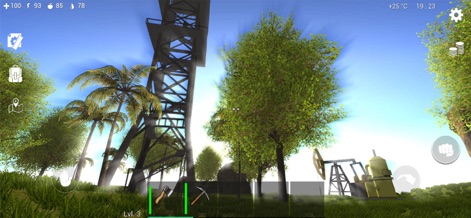 Ocean Is Home: Survival Island - This scene highlights advanced base elements like the towering structure and an oil pump, indicating progression beyond basic survival.