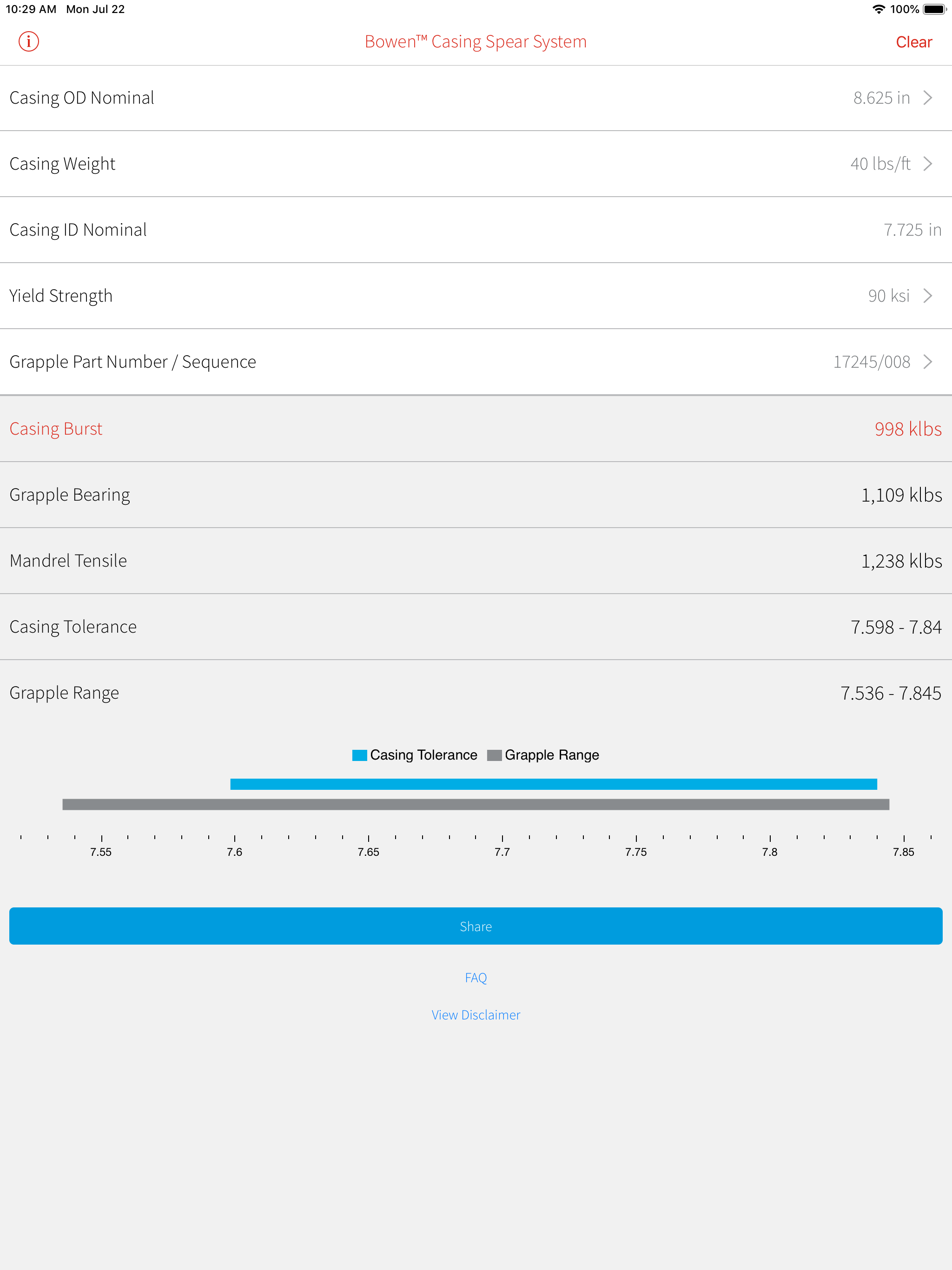 Bowen Casing Spear Calculator