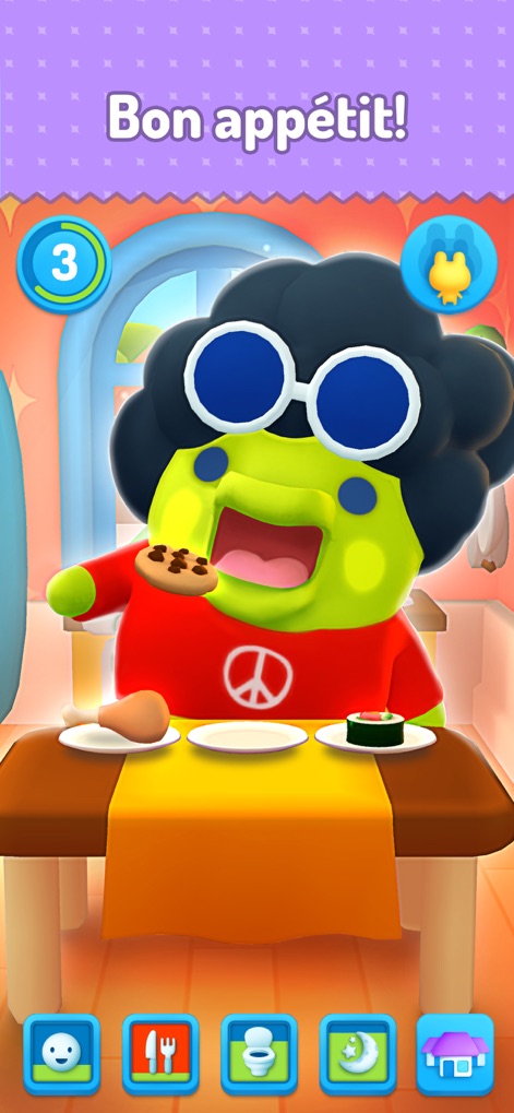 My Tamagotchi Forever - Il personaggio Tamagotchi, con occhiali da sole alla moda, si gode un pasto ricco, evidenziando le diverse opzioni di cibo disponibili sul tavolo.