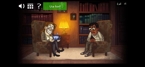 Troll Face Quest Horror - Players encounter an unsettlingly grinning woman holding a teacup in a cozy library, opposite a visibly uncomfortable man, demonstrating the game's cool graphics and bizarre character expressions.