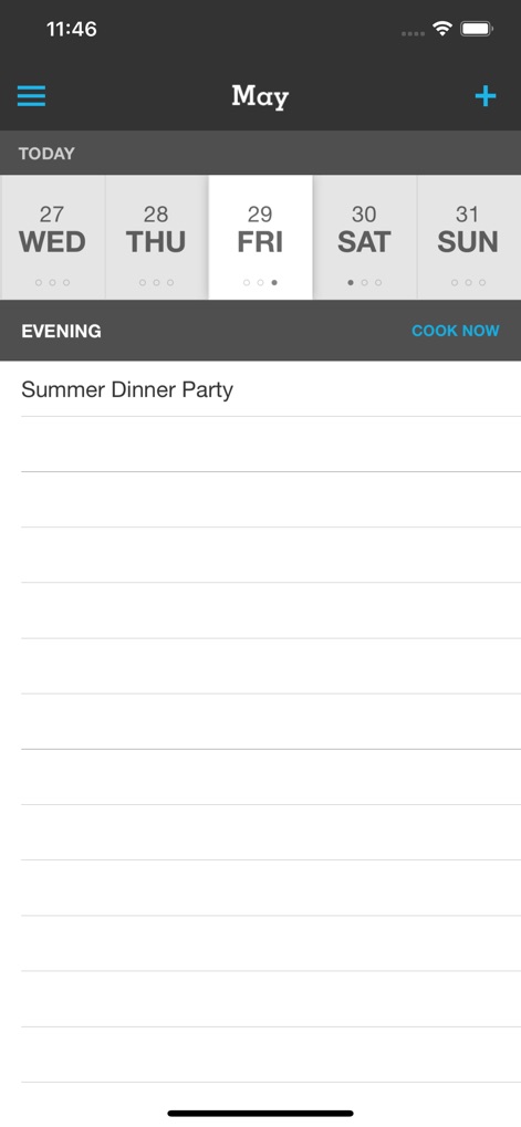 Pepperplate Cooking Planner - L'app offre una chiara visione del calendario, mostrando i giorni della settimana e gli impegni culinari, come un "Summer Dinner Party" pianificato per la sera. Questa funzionalità permette agli utenti di organizzare i pasti e gli eventi con facilità.