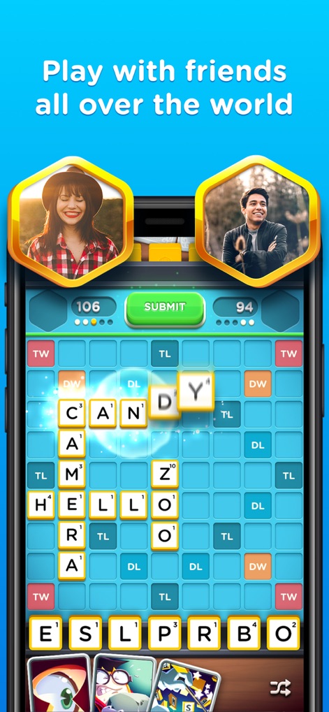 Word Domination: PvP Word Game - Observe a friendly match in progress, featuring player profile avatars at the top and strategic booster cards ready for deployment at the bottom of the screen.