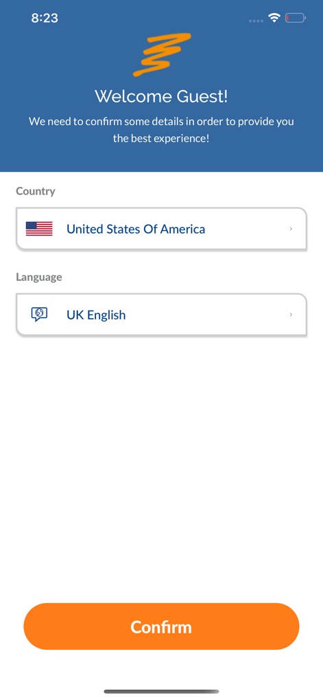 Smartwings - Vor dem Start können Nutzer ihre bevorzugte Sprache, wie 'UK English', und ihr Land, zum Beispiel 'United States Of America', festlegen.