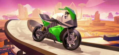 Gravity Rider Zero - See how the app showcases its sleek, futuristic motorbike designs against a vibrant, alien desert landscape.
