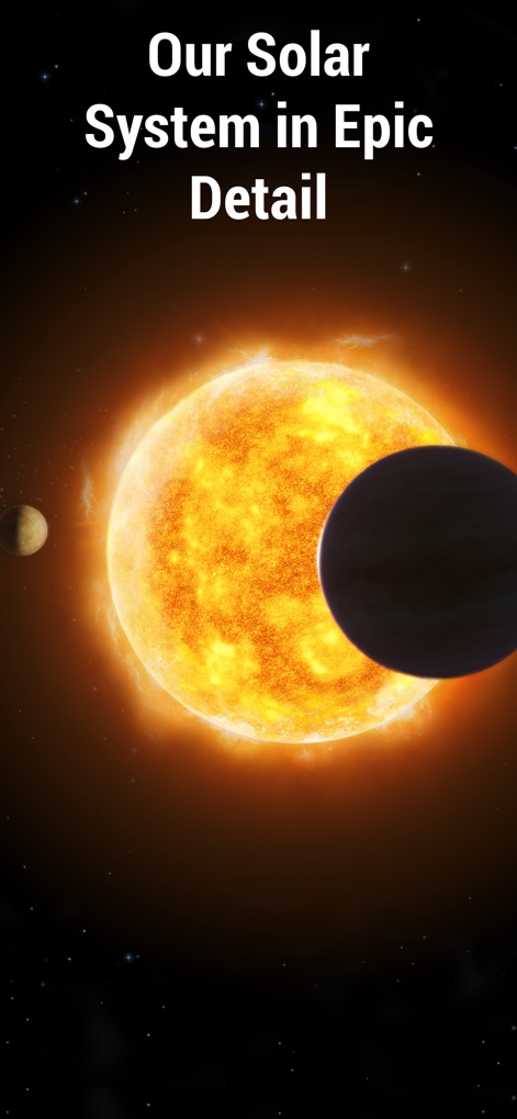 Solar Walk 2 Ads+：The Universe - La aplicación presenta un modelo asombroso del Sol con su intensa actividad superficial y un planeta en tránsito, destacando el nivel de detalle visual.