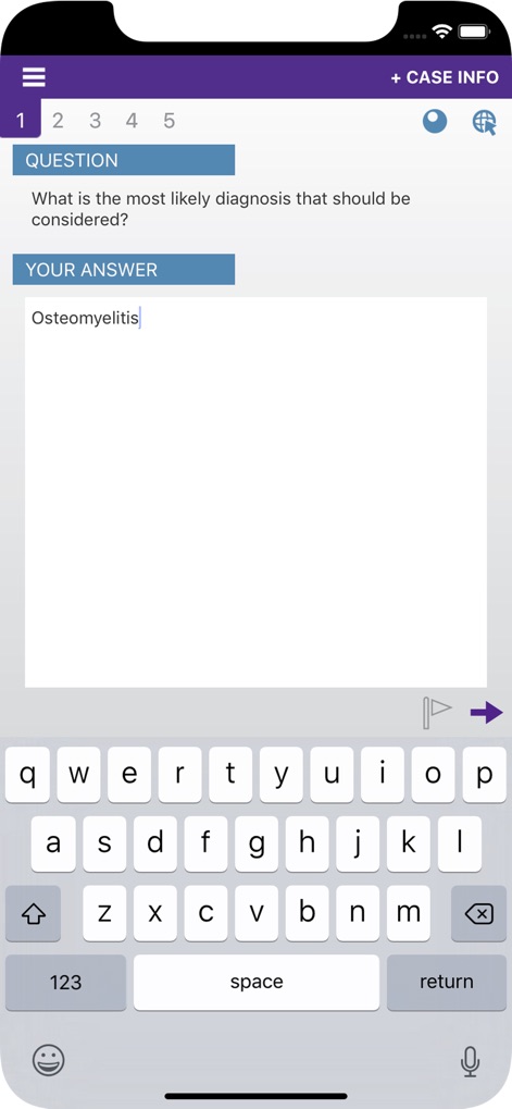 Family Medicine Study Guide - 사용자는 'QUESTION' 섹션에서 주어진 질문에 대한 답을 'YOUR ANSWER' 필드에 직접 입력하며, 화면 하단의 가상 키보드를 사용하여 응답할 수 있습니다.