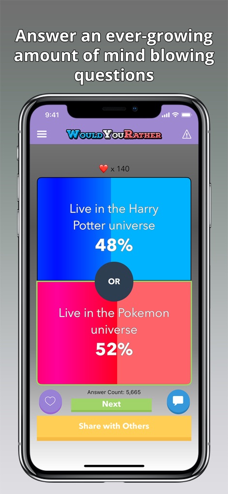 Would You Rather? Viral Game - The app provides instant community feedback through displayed percentages for each choice and allows users to proceed with the "Next" button.