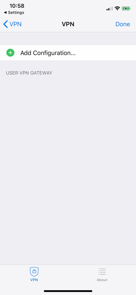 FortiClient VPN - VPN設定画面では、「Add Configuration...」ボタンにより新しい接続プロファイルの追加を促し、USER VPN GATEWAYに関連する設定オプションが表示されています。