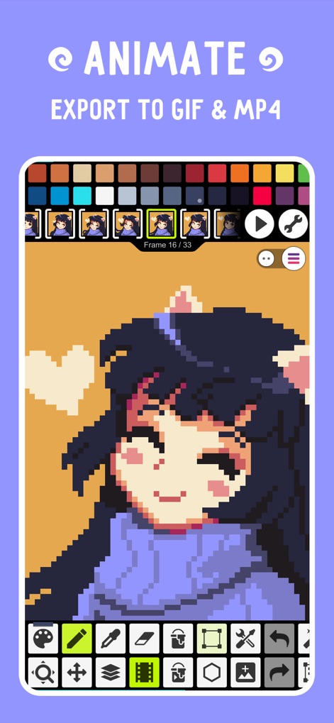 Pixel Studio for pixel art - Diese App ermöglicht das einfache Erstellen von Frame-by-Frame-Animationen und den Export der Ergebnisse als GIF- oder MP4-Dateien für vielfältige Anwendungen.
