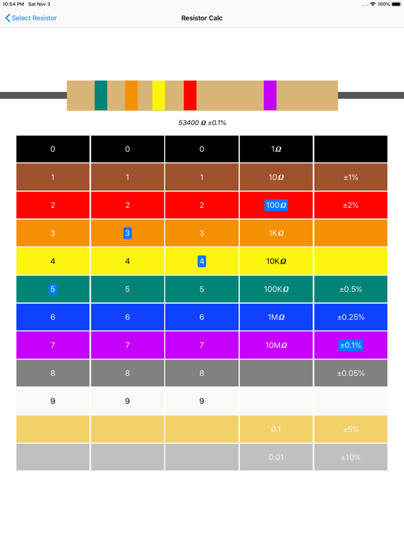 Resistor color code calc iPad screenshot