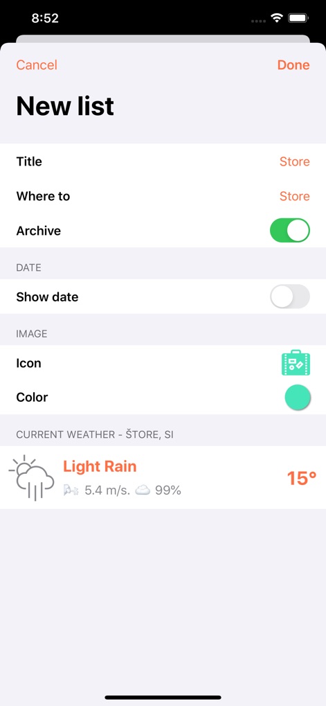 ToPack: Trip Packing Checklist - 本ツールでは、ユーザーが新しいリストを作成する際に、タイトル、目的地、アイコン、色を自由に設定でき、現在の旅行先のリアルタイムな天候情報も確認しながら計画を立てられます。