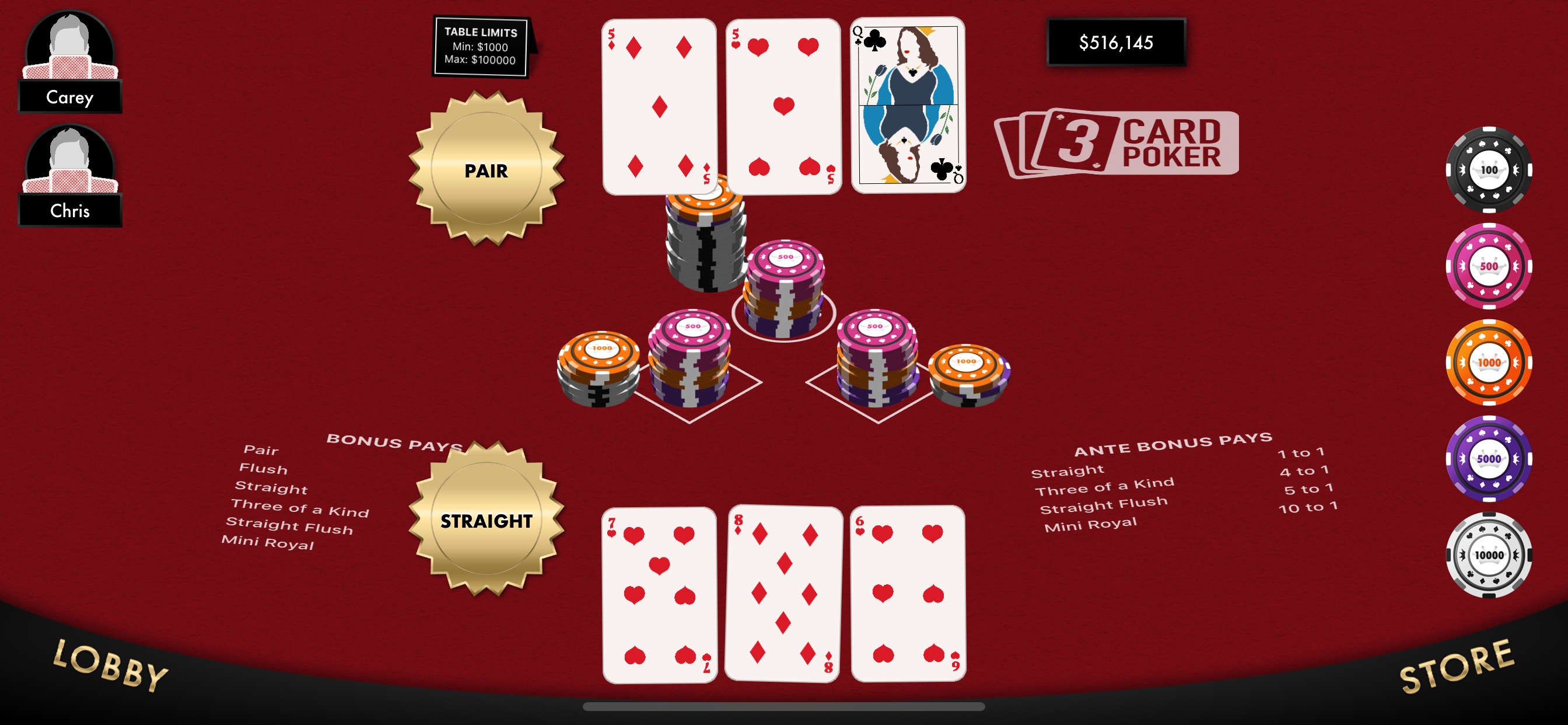 3 Card Poker Table Game