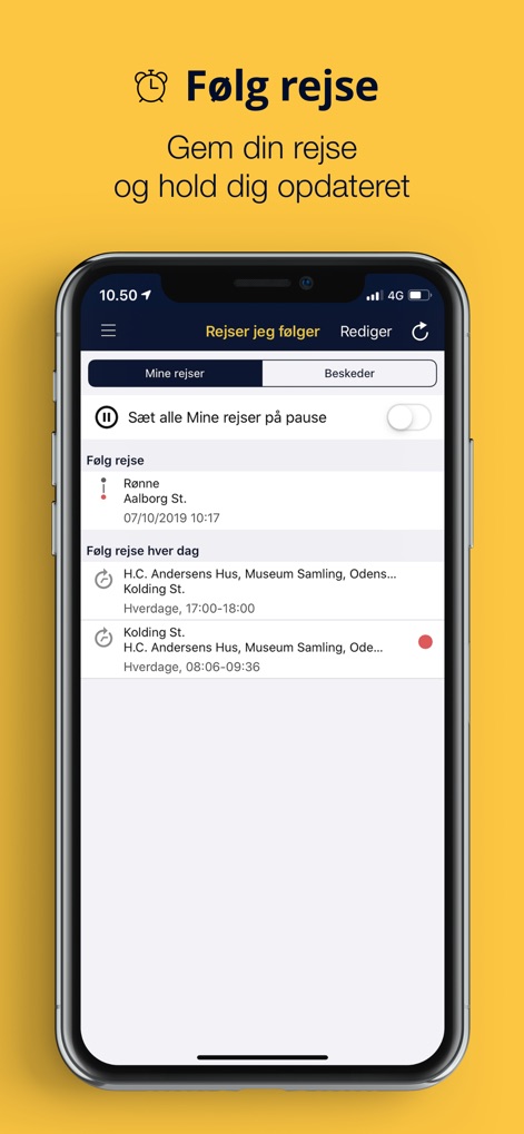 Rejseplanen - 頻繁に利用する旅程を保存し、リアルタイムでその進行状況を追跡でき、すべての追跡を一時停止する機能も提供されます。