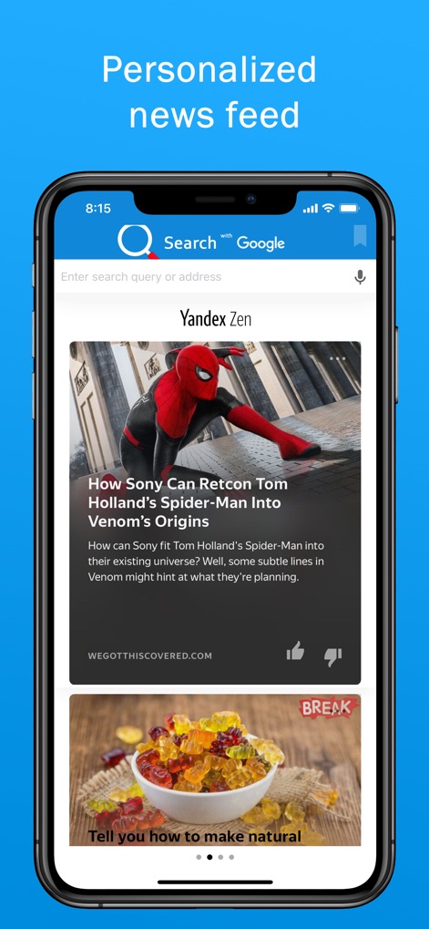 Smart Search & Web Browser - Discover relevant content through a personalized news feed, featuring curated news articles and interactive widgets.