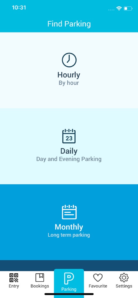 Divvy - Dieses Tool bietet Nutzern unterschiedliche Parkdaueroptionen wie 'Hourly', 'Daily' und 'Monthly', jeweils klar definiert durch aussagekräftige Icons und prägnante Beschreibungen.