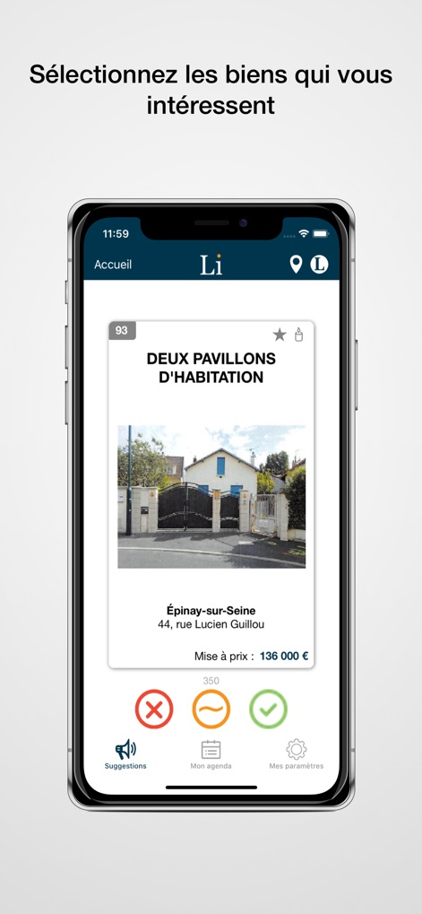 Licitor - Eine übersichtliche Immobilienkarte präsentiert wichtige Informationen wie den Angebotspreis und eine Objektbeschreibung, ergänzt durch intuitive Schaltflächen zur Interaktion mit dem Eintrag.