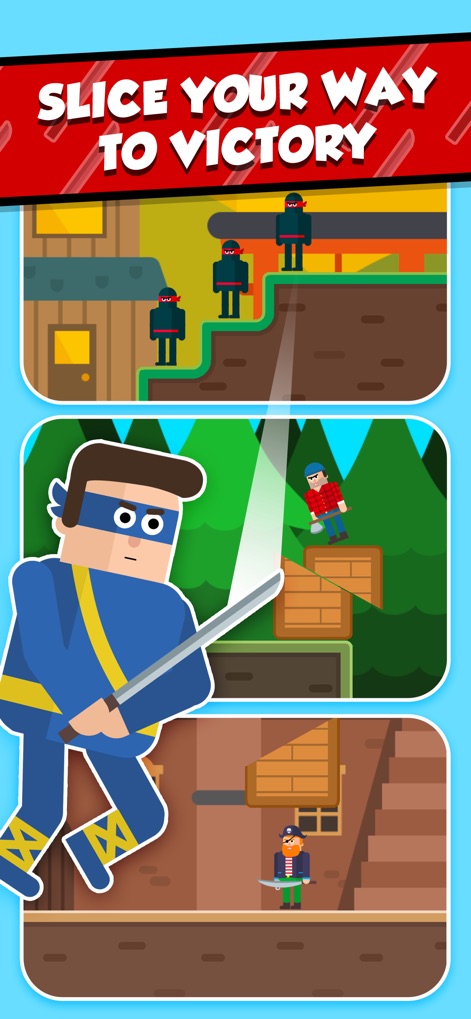 Mr Ninja - Slicey Puzzles - Examine the precision slicing mechanics in action, demonstrating how the blue ninja character executes a swift attack and creates a dramatic impact.