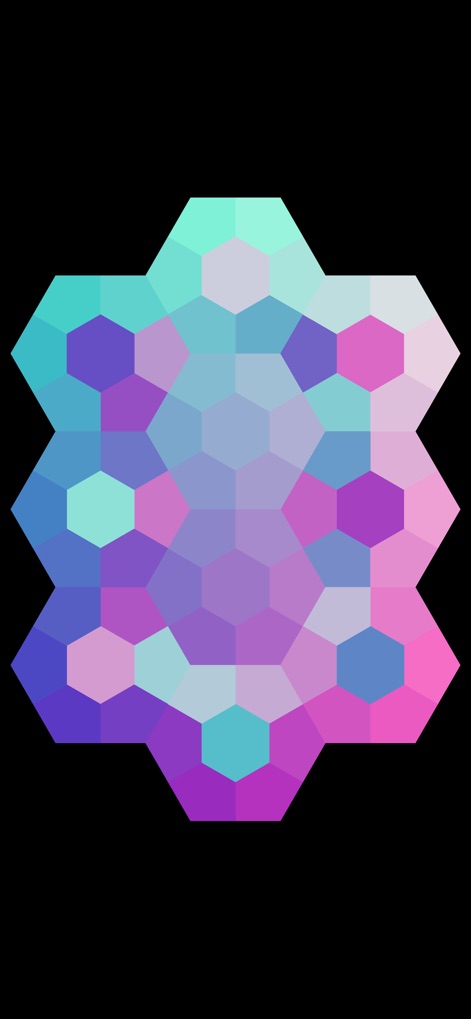 I Love Hue Too - Observe the symmetrical star-like central pattern formed by hexagonal tiles, showcasing the app's use of cool-toned gradients from blue to purple and pink.