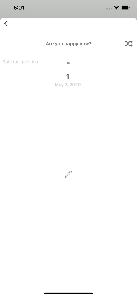 Question Diary - 사용자는 "지금 행복한가요?"와 같은 질문에 직접 답변을 작성할 수 있으며, 답변 입력을 위한 연필 아이콘과 질문을 건너뛰는 무작위 아이콘이 제공됩니다.