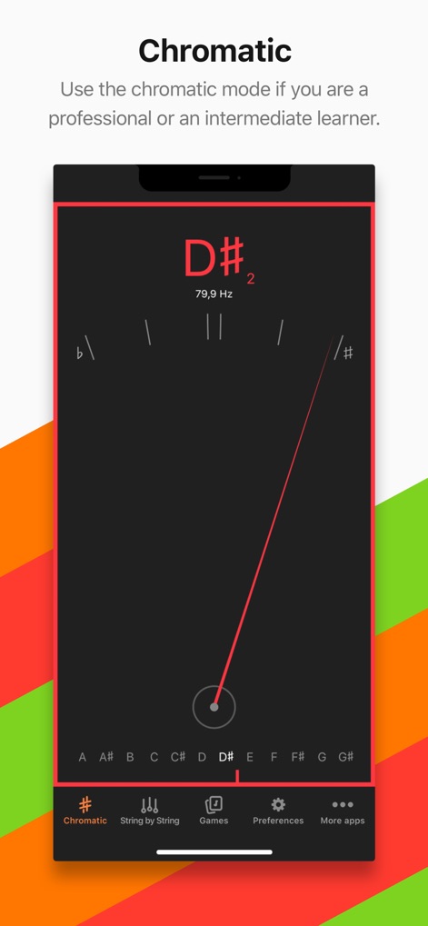 Cifra Club Tuner - A captura detalha o modo "Chromatic", apresentando a nota "D#" e a frequência "79.9 Hz", com uma linha vermelha inclinada indicando a desafinação.