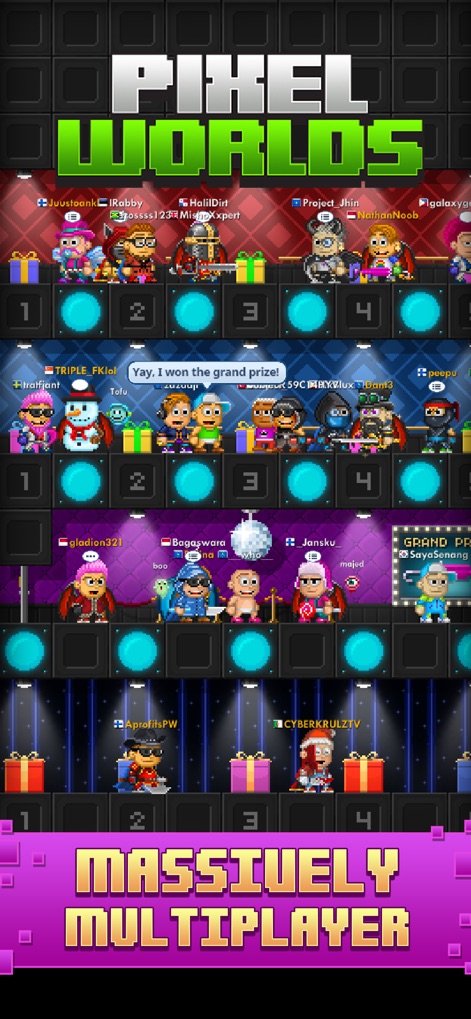 Pixel Worlds: MMO Sandbox - このアプリでは、多くのプレイヤーがステージ上でチャットバブルを介して交流し、豪華な賞品獲得の喜びを分かち合う様子が確認できます。