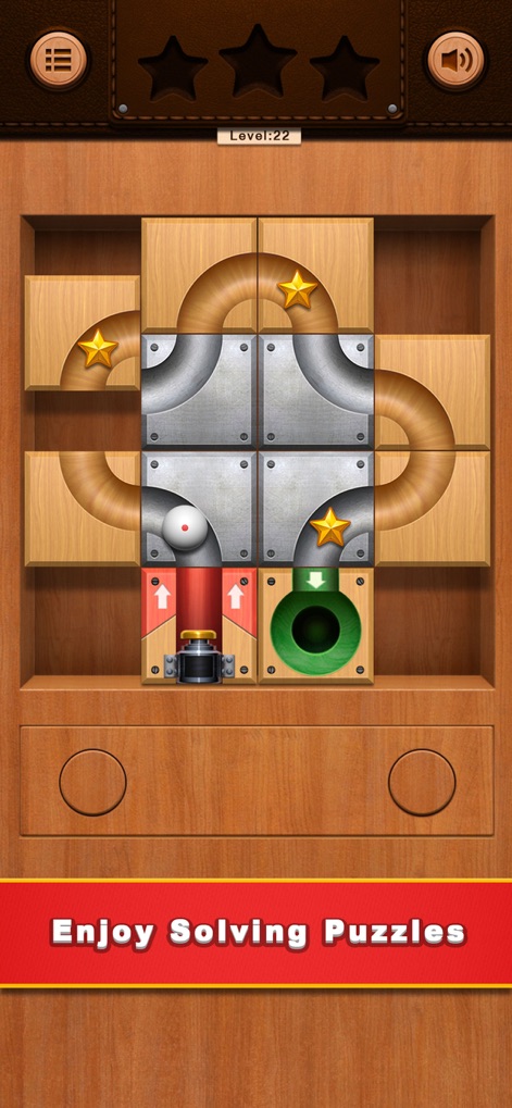 Unblock Ball - Block Puzzle - Observe the evolving complexity in later levels, showcasing both sliding wooden blocks and immovable metal obstacles alongside multiple star collection opportunities.