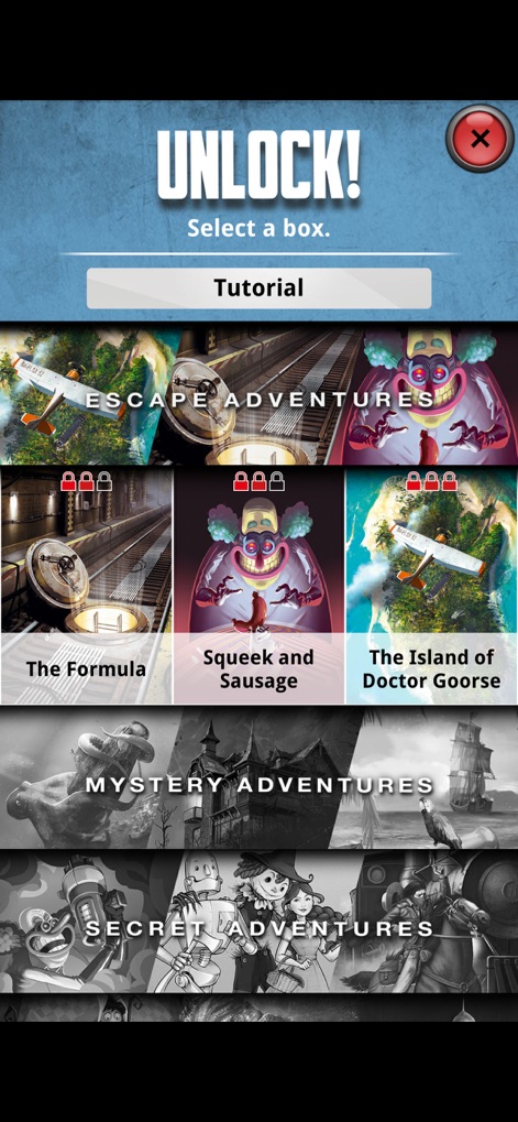 Unlock! - Die App ermöglicht die Auswahl spezifischer Szenarien wie "The Formula" und zeigt durch grafische Schlosssymbole den Verfügbarkeitsstatus der einzelnen Abenteuer an.