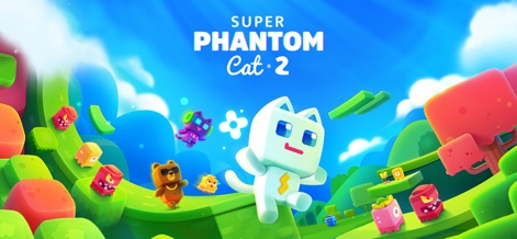 Super Phantom Cat 2 - 활기찬 흰 고양이 캐릭터가 다채로운 적들과 함께 푸른 녹색 풍경을 질주하며, 게임의 역동적인 세계를 시각적으로 강조합니다.