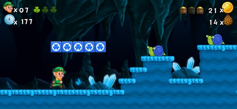 Lep's World 2 - Running Games - Users can delve into the visually distinct subterranean crystal caverns, encountering unique blue crystal blocks and challenging snail enemies.