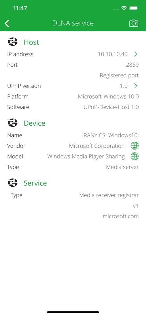 DLNA Browser - 이 화면은 DLNA 서비스의 호스트 연결 정보와 특정 장치 세부 사항을 명확히 보여주며, IP 주소 10.10.10.40과 미디어 수신기 등록 서비스 유형을 포함합니다.