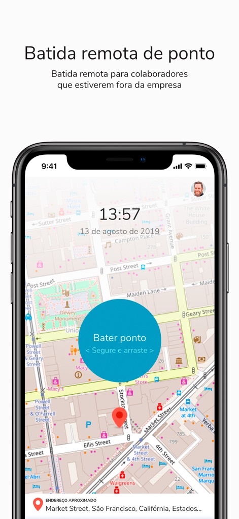 TOTVS My HR - 이 기능을 통해 사용자는 지도상에서 현재 위치를 기반으로 원격 출퇴근을 기록하며, 정확한 지리적 위치 정보와 시간 정보를 함께 등록할 수 있습니다.