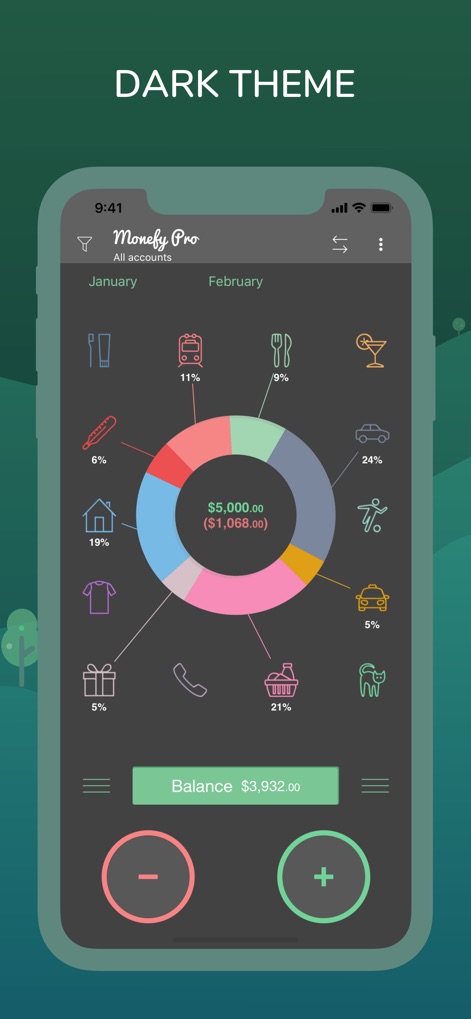 Monefy: Money Tracker - This tool offers an elegant dark theme, providing a visually comfortable interface for reviewing the intuitive spending chart.