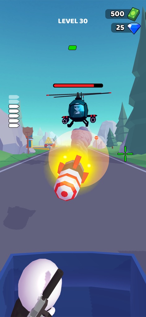 Rage Road - Car Shooting - Witness the thrilling boss battles, including a helicopter enemy deploying a missile, and the sleek design of the character's silenced weapon.