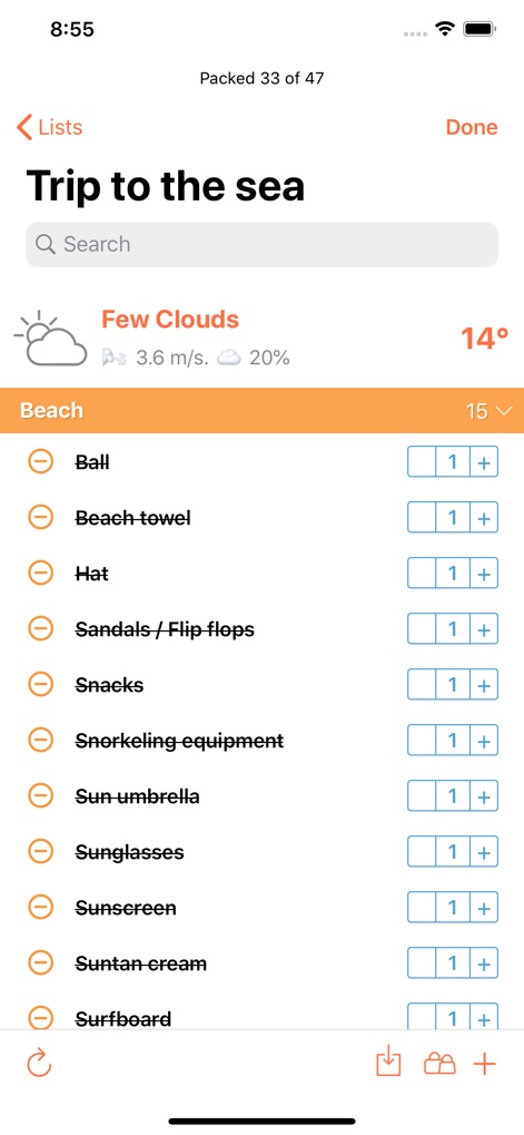 ToPack: Trip Packing Checklist - ユーザーは旅行リスト内でアイテムを素早く検索できる検索バーを利用し、各アイテムの数量を増減させることで、持ち物の詳細な管理と調整が可能です。