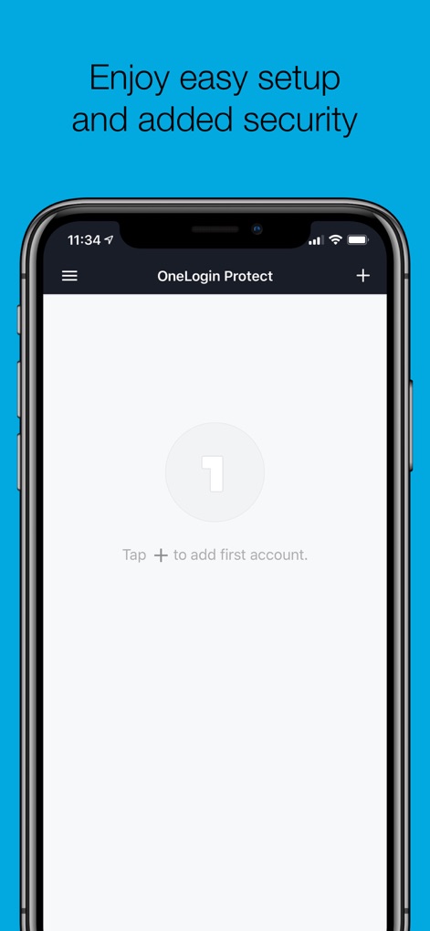 OneLogin Protect - L'application OneLogin Protect guide les nouveaux utilisateurs dès le départ, avec le bouton "Tap +" pour ajouter un premier compte facilement, offrant une expérience de démarrage intuitive.